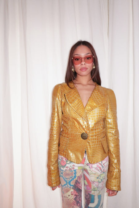 Make a statement with the Cavalli snake yellow jacket, a bold and unique vintage piece. Perfect for adding color and edge to your wardrobe. Shop now!